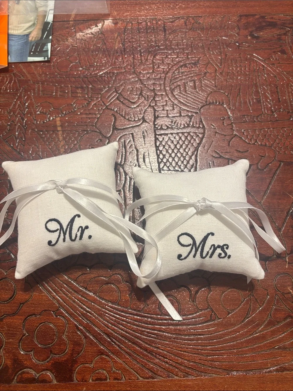 Mr. & Mrs. Embroidered Ring Bearer Pillows - White